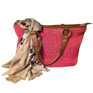 Vintage Lauren Ralph Lauren‎ Woven Raffia Tote Bag Coral Leather Trim